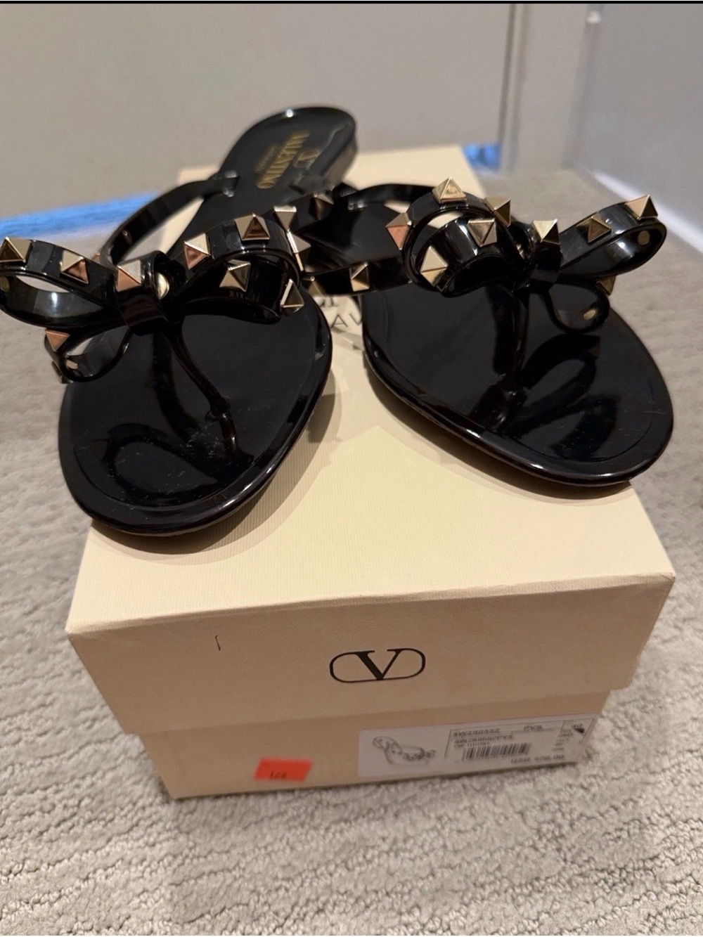 Valentino Black Jelly Bow Sandals with Gold Pyramid Studs